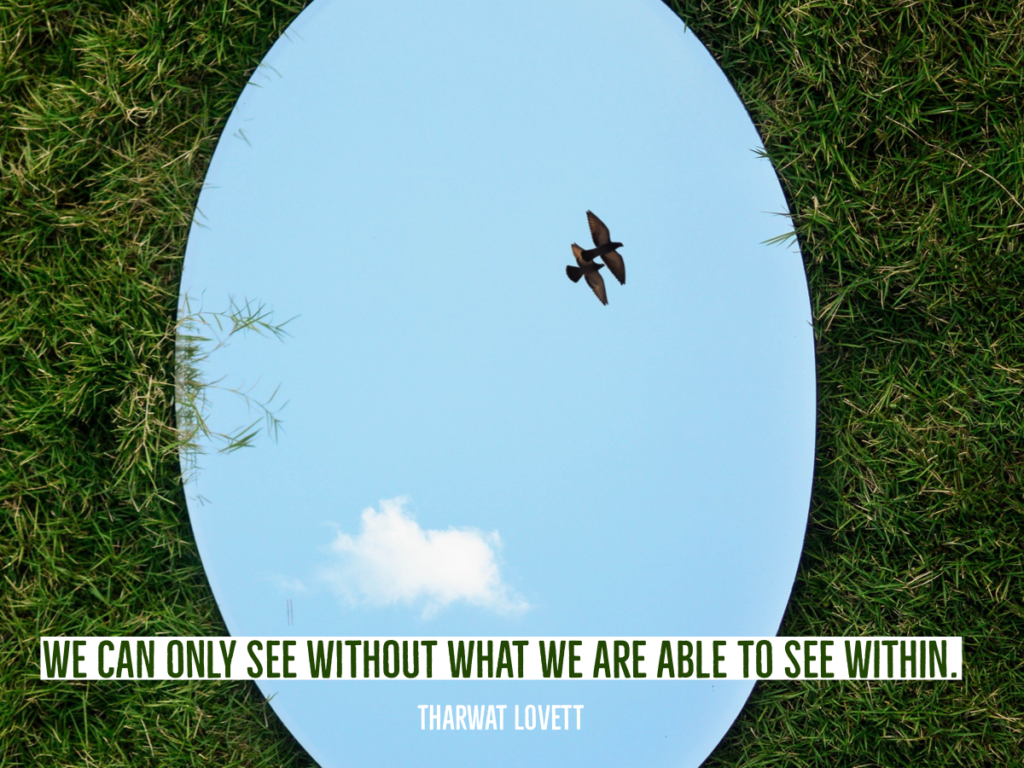 "We can only see without what we are able to see within" - quote from Tharwat Lovett, life coach, illustrated by an image of a mirror reflecting the sky.